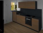 Einbauküche in Nussbaum furniert Arbeitsplatte in HPL  Schiefergrau belegt